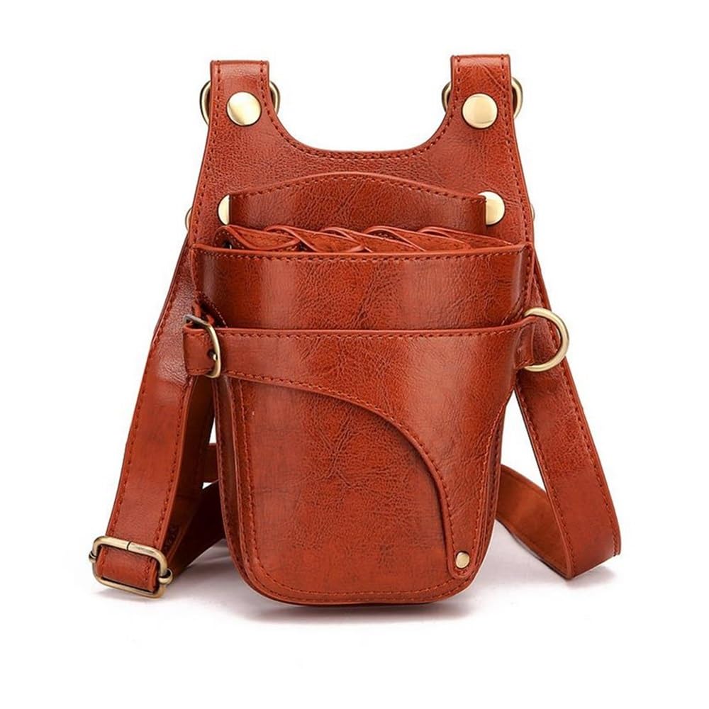 Custodia multifunzione in pelle PU marrone per forbici da parrucchiere, barbiere, forbici, custodia con cintura (marrone, 1 pezzo)