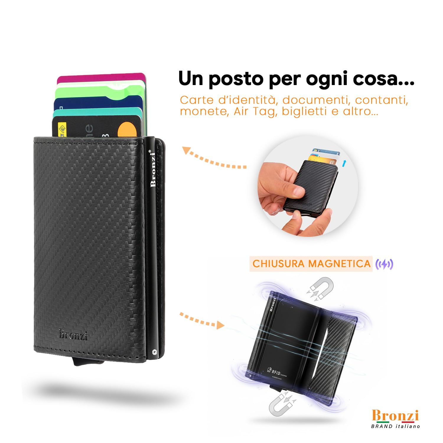 Portafoglio Uomo Slim Piccolo con Protezione RFID e Portamonete - Portacarte Donna Portatessere - Brand Italiano
