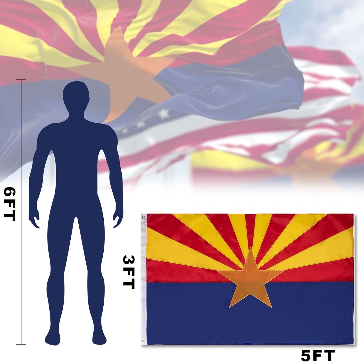 Arizona State Flag 3x5 FT, AZ State Flags with Embroidered Star, Heavy Duty Outdoor Nylon, Sewn Stripes (Not Print), Canvas Header & Brass Grommets for All-Weather Outdoor Display - Image 3