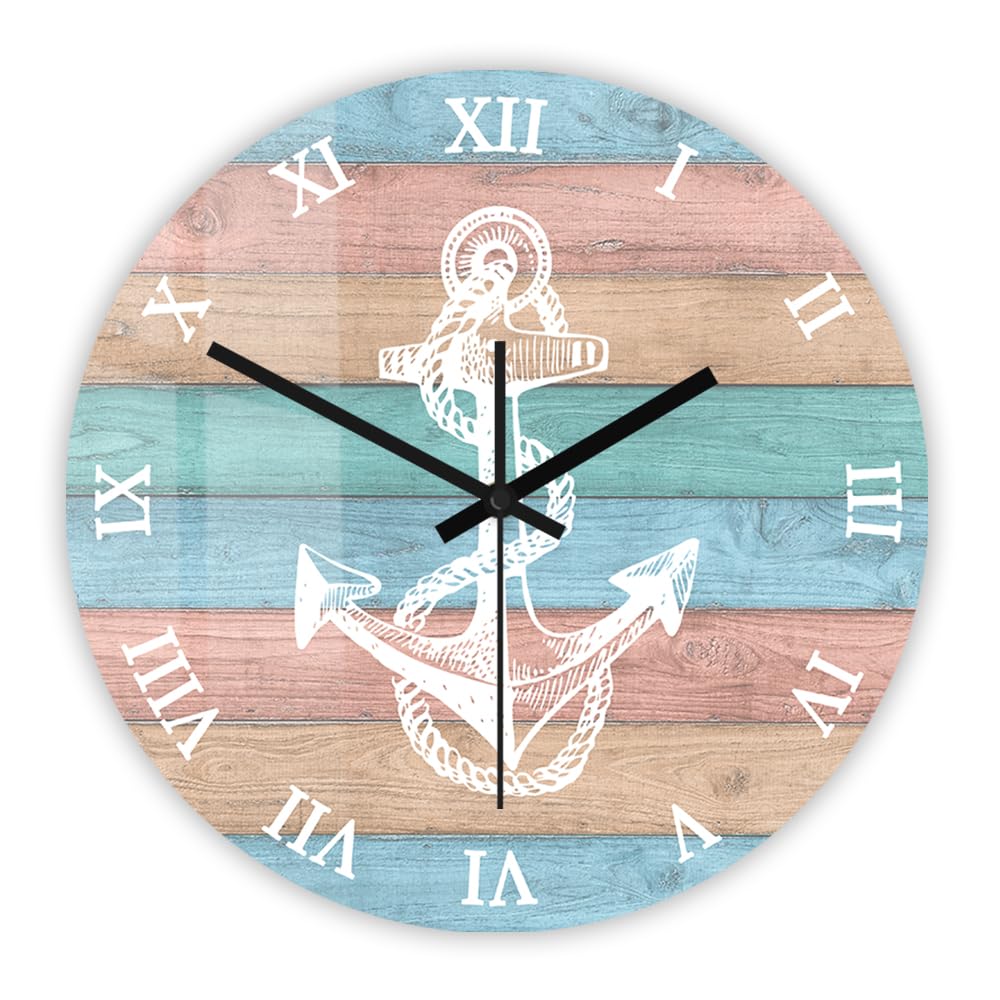 Timethink 15 Inch Rustic Beach Wood Texture Printed Round Clock, Nautical Clock Silent Non Ticking Battery Operated Stripes Navy Anchor Decorative Wall Clock Watch for Seaside House Yachting Gift