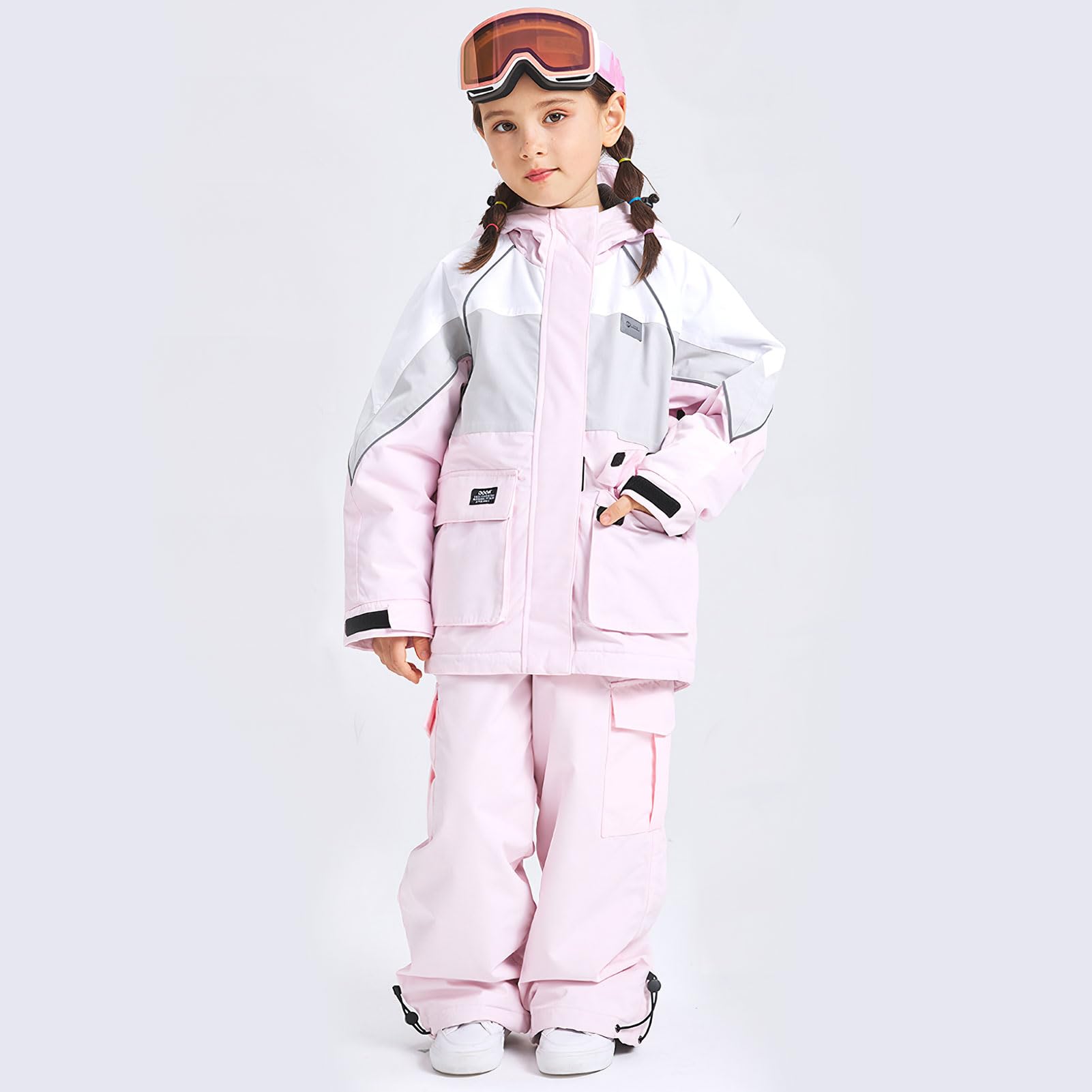 Traje de nieve infantil de 2 piezas, chaqueta de esquí + pantalones de esquí, impermeable, cortavientos, transpirable, con capucha, para niños y niñas, traje de esquí de invierno, rosa, 150