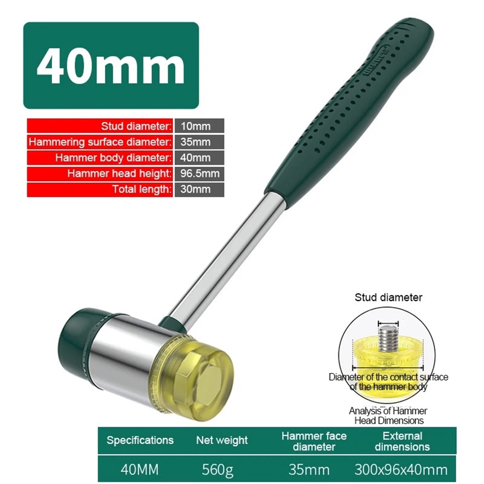Martello Gomma Martello morbido a doppia faccia, martello in gomma for la decorazione di pavimenti domestici, installazione utensili manuali, gioielli, artigianato, fai da te(40mm Hammer)