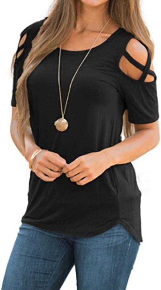 Women T-Shirt Short Sleeve Ladies Strappy Cold Shoulder Summer Tops Clothes for Women Shirts Blouse Sale Clearance (Black, XL)