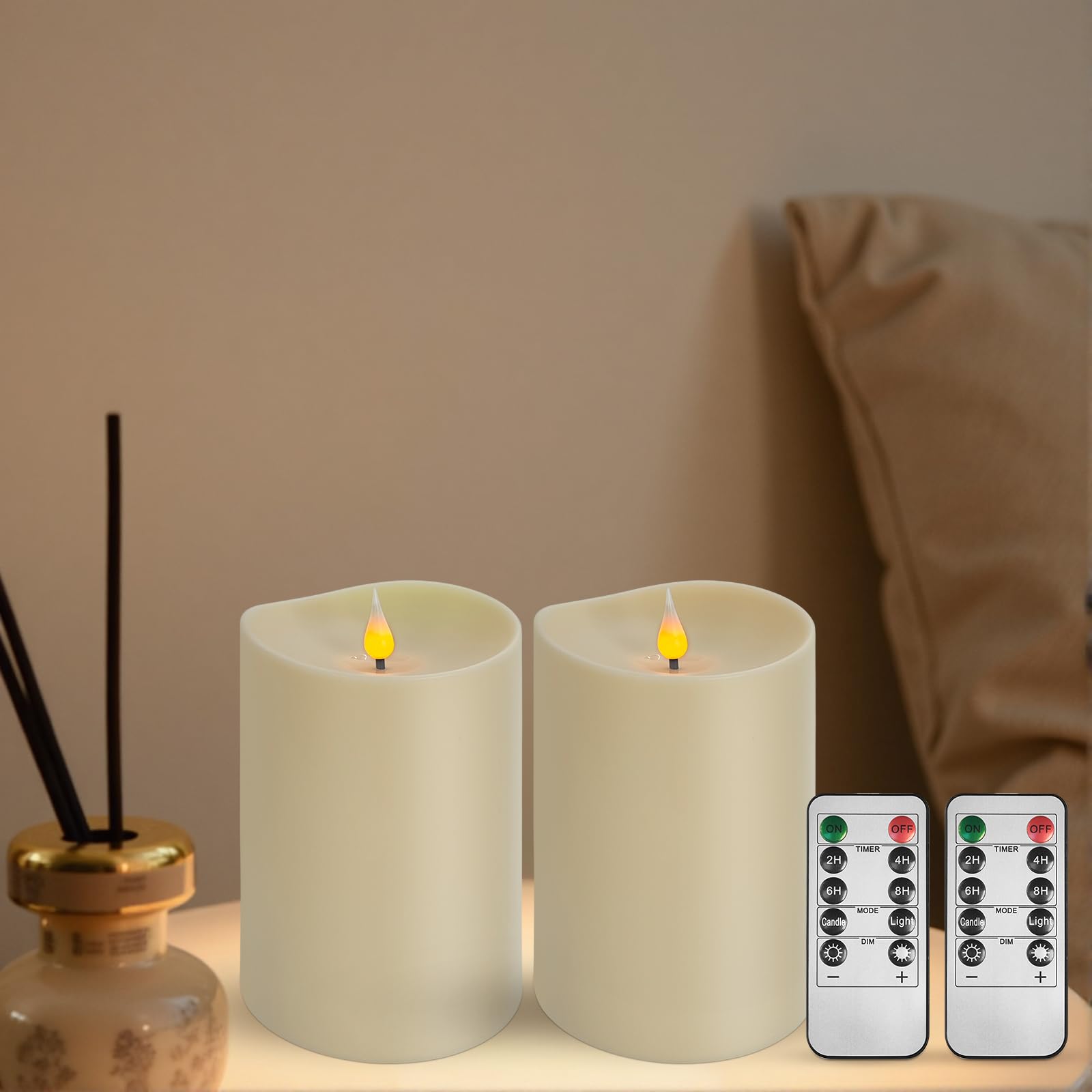 Set of 2 Flameless LED Candles with 2 Remotes, 4x6 Inch Battery Powered Plastic Pillar Candles, Flickering Flame with Timer &amp; Dimming, Ivory – Elegant, Safe Lighting for Home, Wedding, Holiday