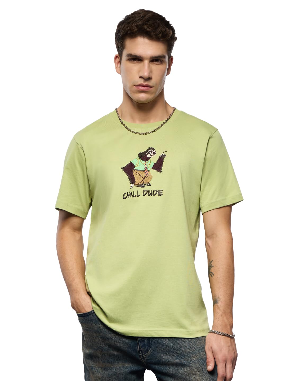 the souled store Disney: Chill Dude Men and Boys Short Sleeves Round Neck Green Embroidered Cotton Regular Fit Lightweight Breathable All-Season T-Shirt-picture-13