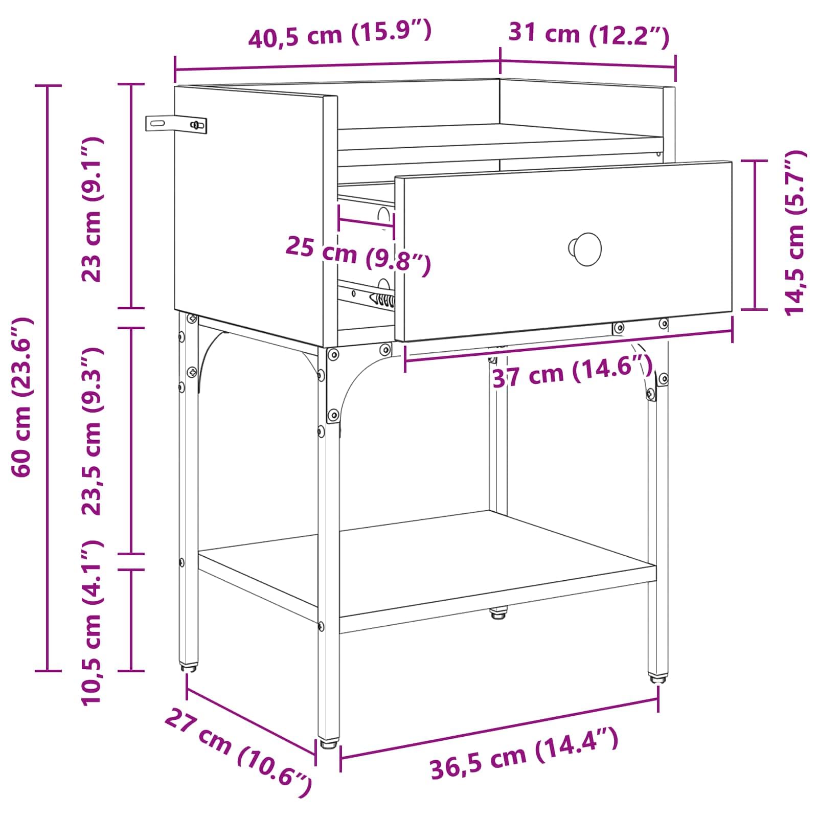 Zestaw stolików nocnych ze starego drewna, 2 sztuki, materiał drewnopochodny ze stalowymi nogami, 40 x 29 x 60 cm, szuflada, regał, miejsce do przechowywania do sypialni, salonu