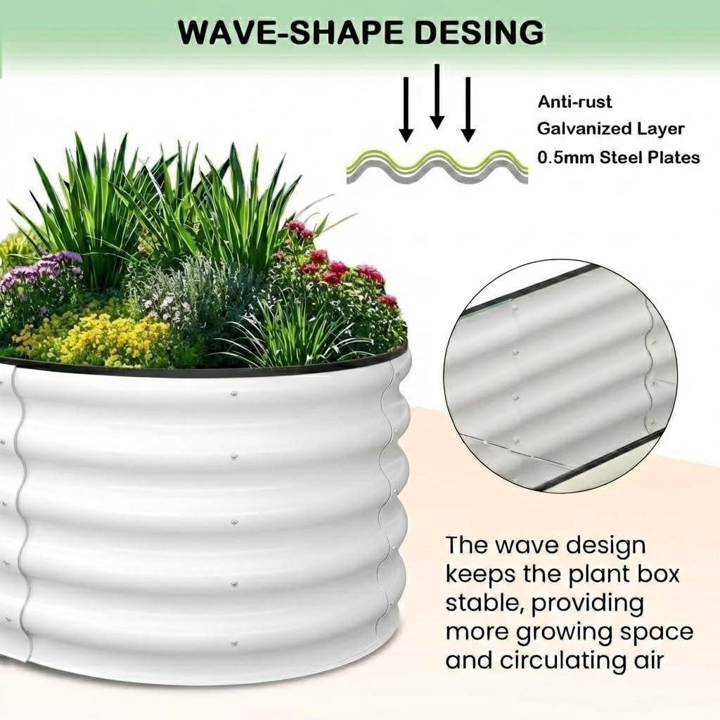 2 Pcs Raised Garden Bed, 6x3x1Ft Oval Galvanized Raised Garden Beds, Metal Planter Boxes with Open Base, Planter Boxes Outdoor with Easy Assembly, Garden Bed Kit for Vegetables, Flower, White