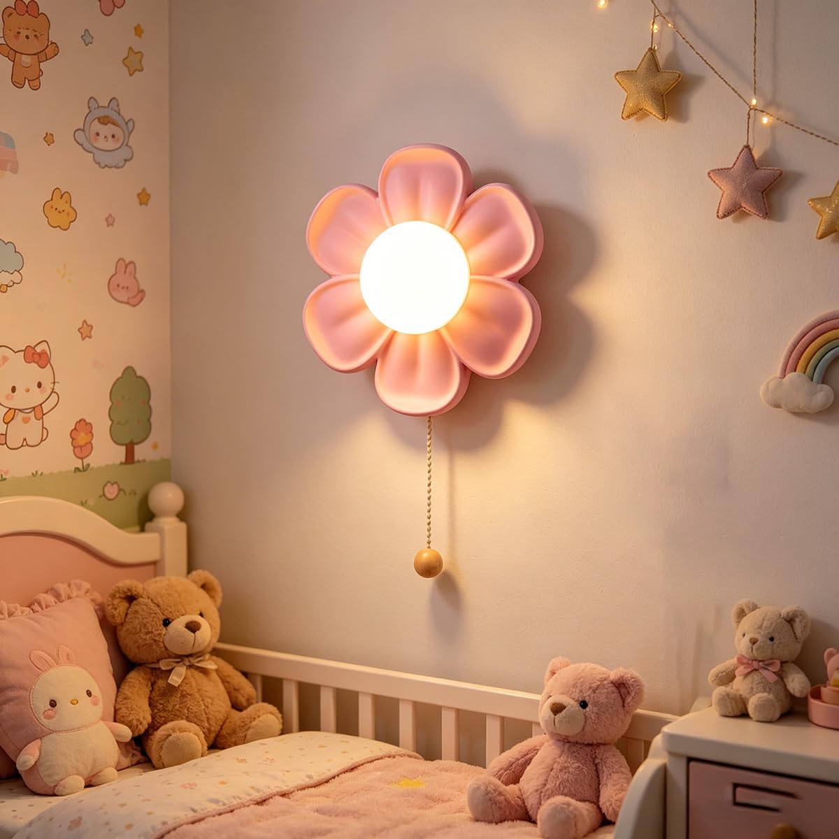 OOWOKS Wandleuchte Ohne Stromanschluss Kinder, 5200mAh Akku Wandleuchte Kinderzimmer LED Blume Wandlampe mit Schalter 3 Farbtemperaturen USB Aufladbar Nachttischlampe Kabellose Kinderlampe,Rosa