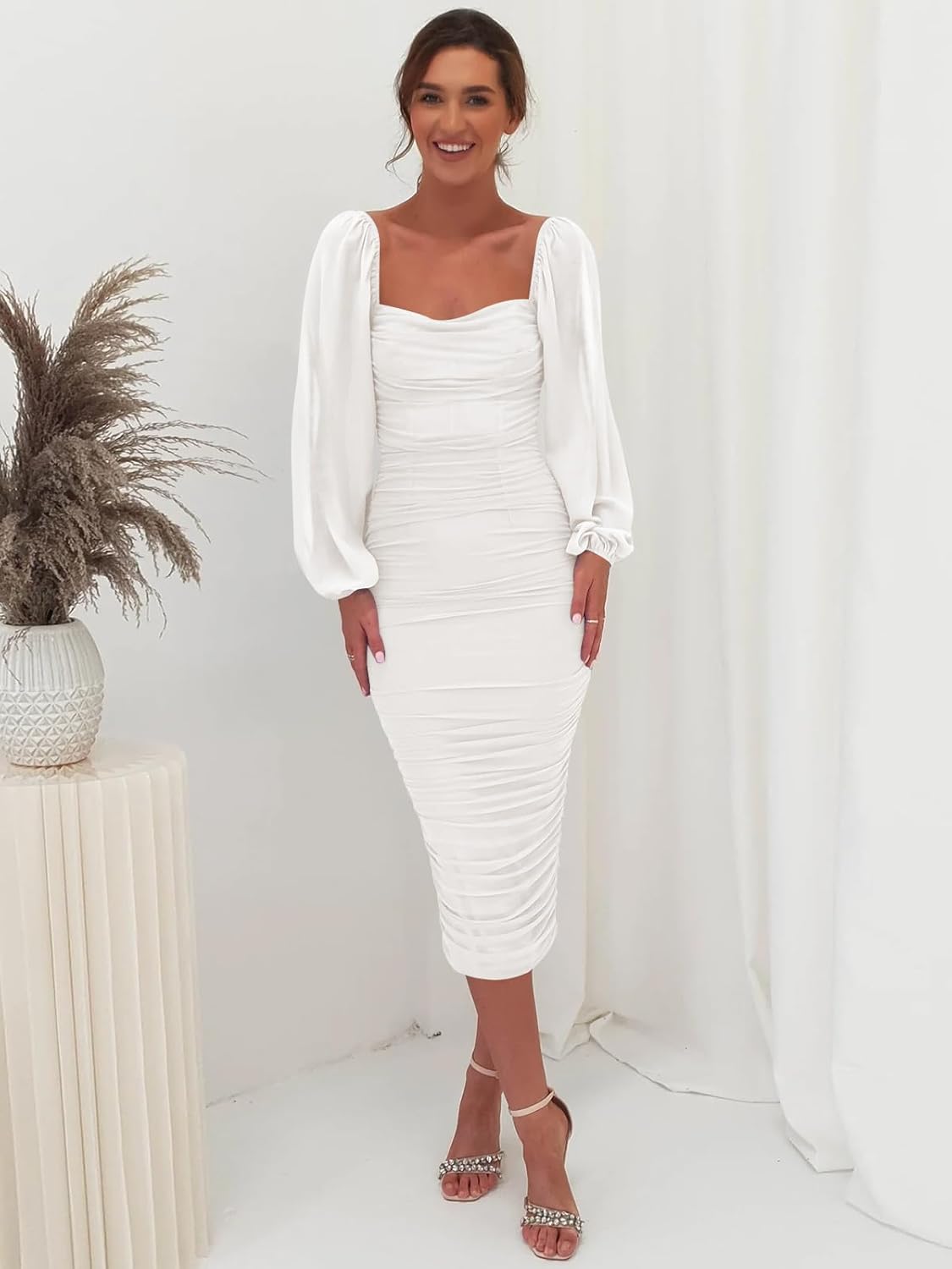 Plustrong Women's Mesh Ruched Bodycon Midi Dress Long Sleeve Square Neck Formal Cocktail Wedding Guest Dresses - Image 2