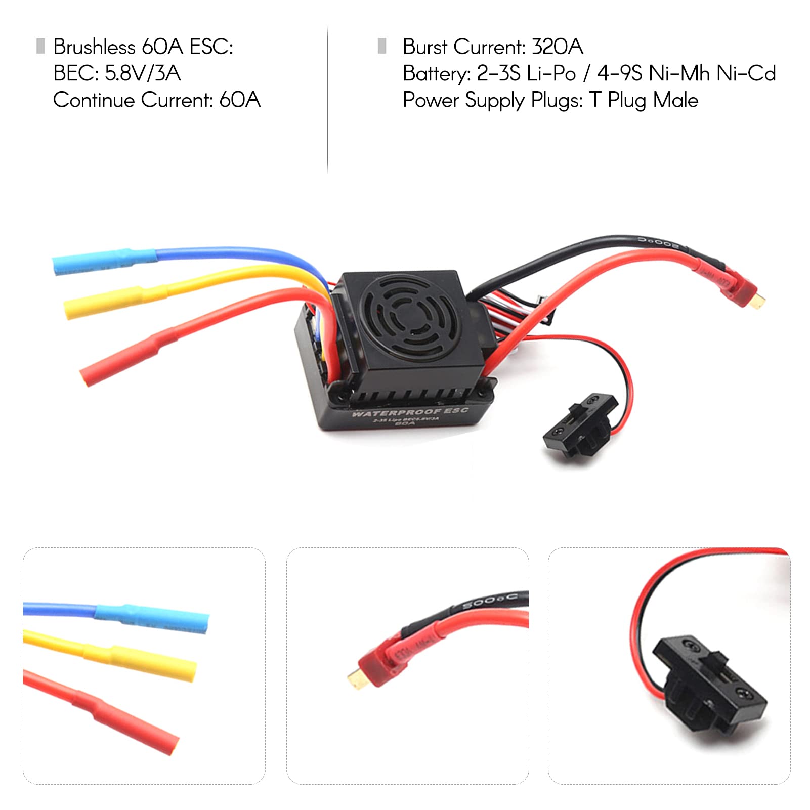 Jemora Silnik bezszczotkowy 2300KV 3650 wodoodporny silnik z bezszczotkowym 60A ESC 2-3S Lipo 5,8 V 3A BEC do samochodu 1/8 1/10 RC