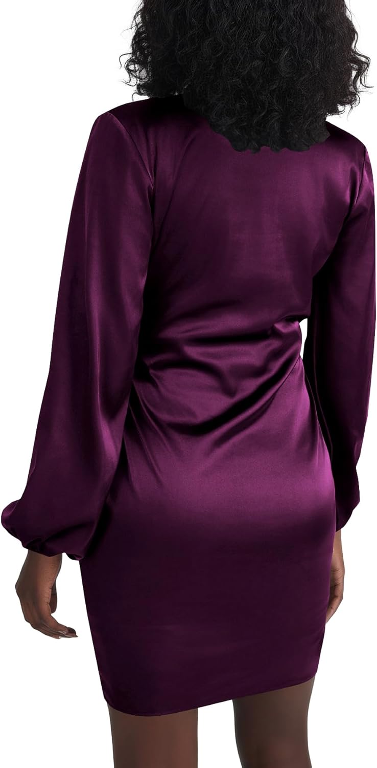 LYANER Women's Satin Silky Wrap V Neck Tie Waist Long Sleeve Mini Short Dress - Image 5