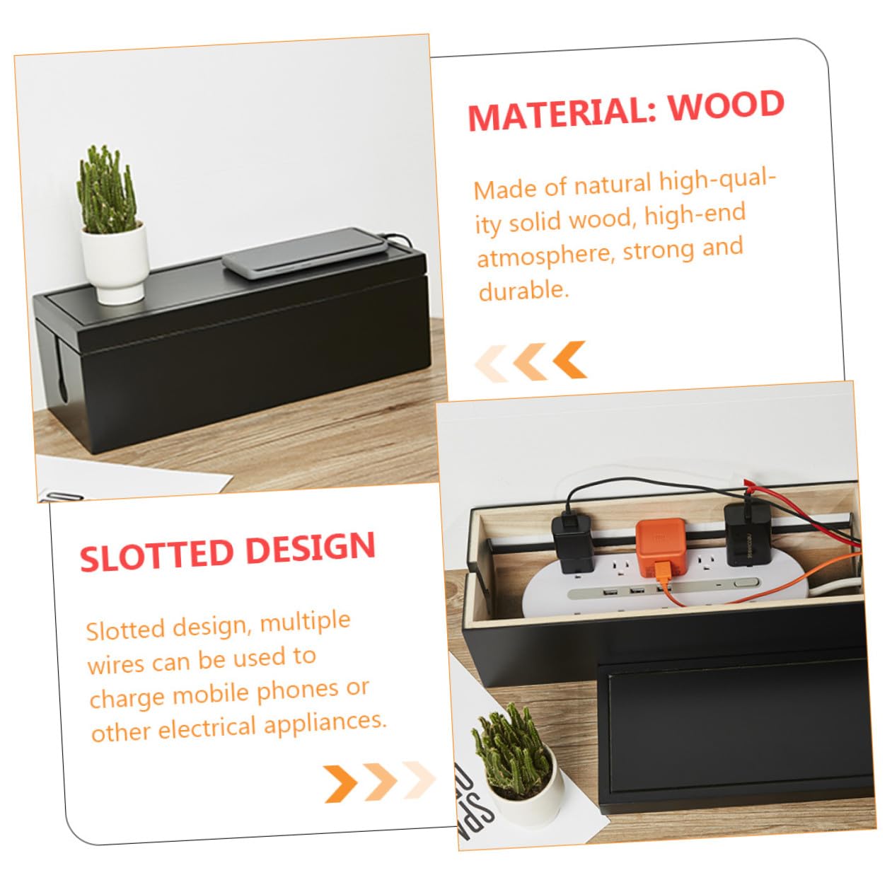 Artibetter Caja de Almacenamiento para Cables Eléctricos y Móviles Diseño Ranurado y Plástico Negro para Gestión de Energía Hogar