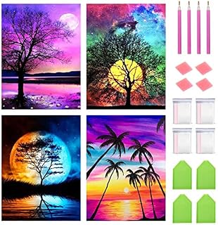 SupLetsico 4 Pack 5D Diamond Painting Kits for Adults, Sunset Moon DIY Diamond Art Kits Set, Full Drill Crystal Diamond Dot Kits for Home Wall Decor, 11.8 x 15.7, Without Frame