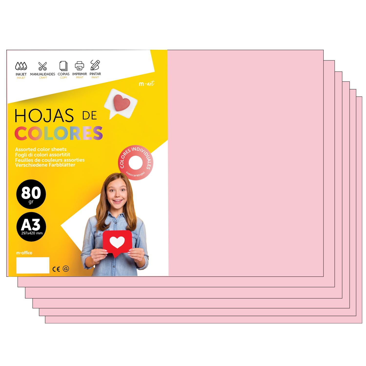 m-office A3 Coloured Paper 80 g for Printers and Crafts, Assorted Paper for Children, Pack of Colours for Cards, School and Creative Projects · m-office (500h, Light Pink) — image 1