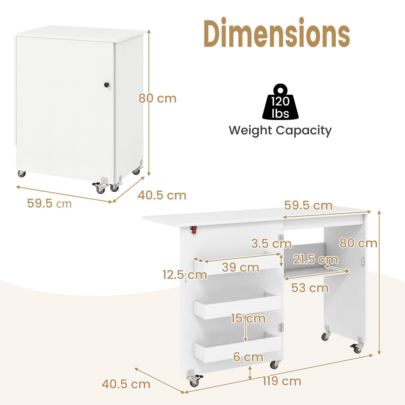 LIFEZEAL Mueble para máquina de Coser, Mesa Plegable de Costura, Armario de Madera con 3 bastidores, Escritorio móvil con 5 Ruedas, para hogar, Oficina (Blanco, 117 x 40 x 77 cm)