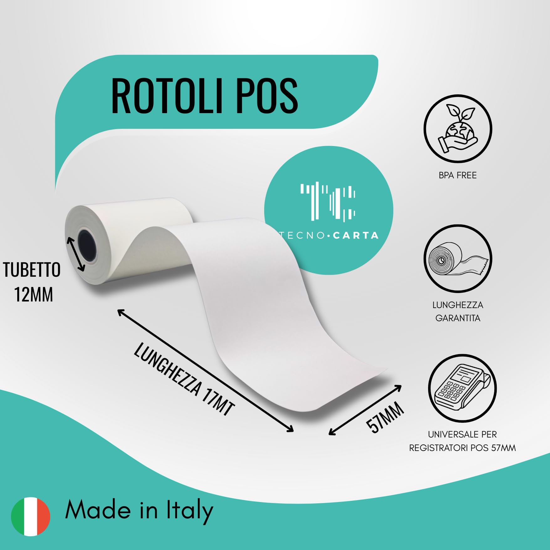 100 Rotoli POS Universali per ricevute Bancomat- 57mm x 17mt -Made in Italy