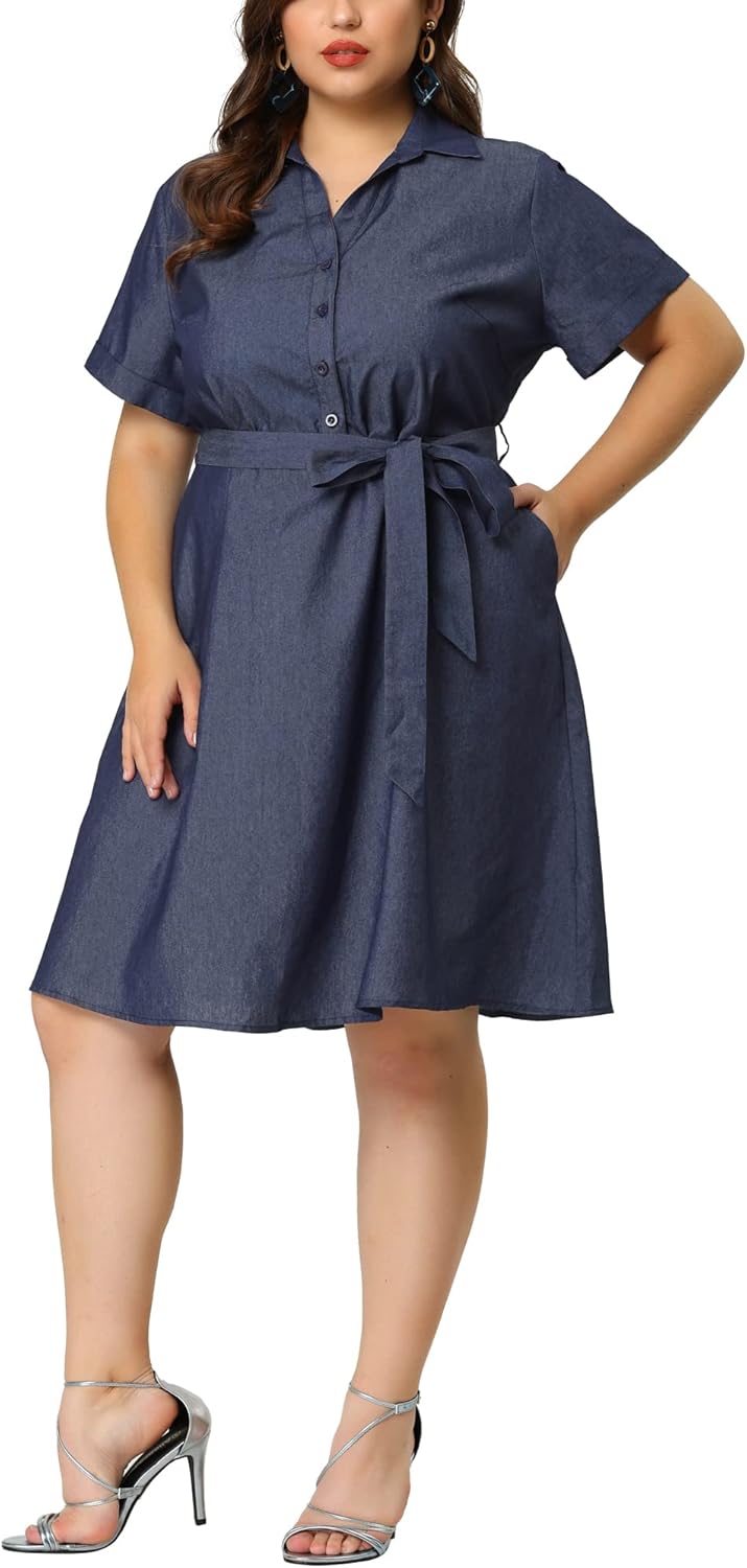 Agnes Orinda Women's Plus Size Dresses Buttons Belted Short Sleeves Chambray Dress 2024