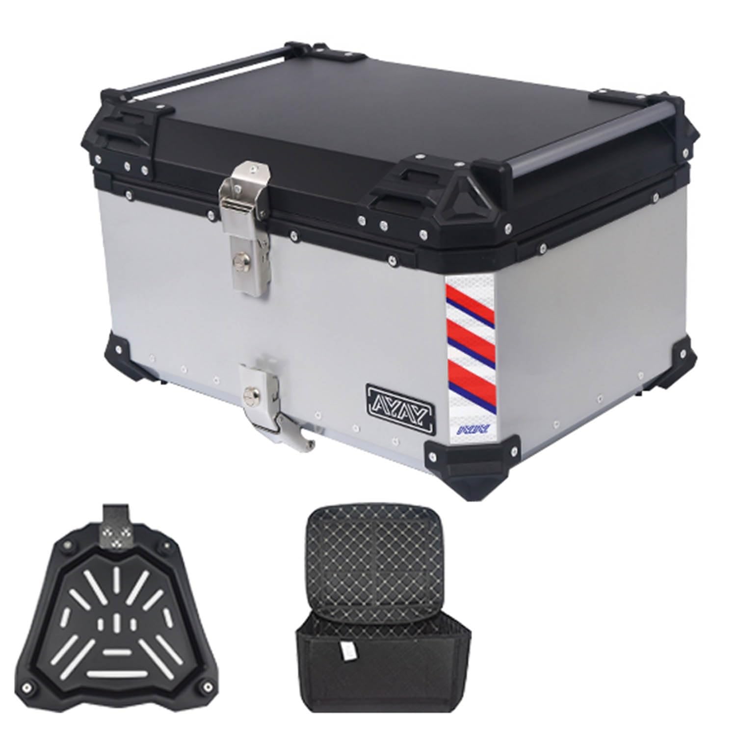 Top Case Moto Étanche, 45L 55L 65L Aluminium Moto Coffre Voyage Boîte De Queue, avec Serrure De Sécurité, pour Un Casque Et Bagages, Noir, Argenté (Couleur : Argent, Taille : 65L)
