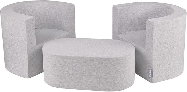 KiddyMoon Soft Foam Armchair Table Set For Kids Montessori Playing Toy Children's Furniture Table And Chair For Babies, Certified Made In EU, Set Armchair + Table, Light Grey