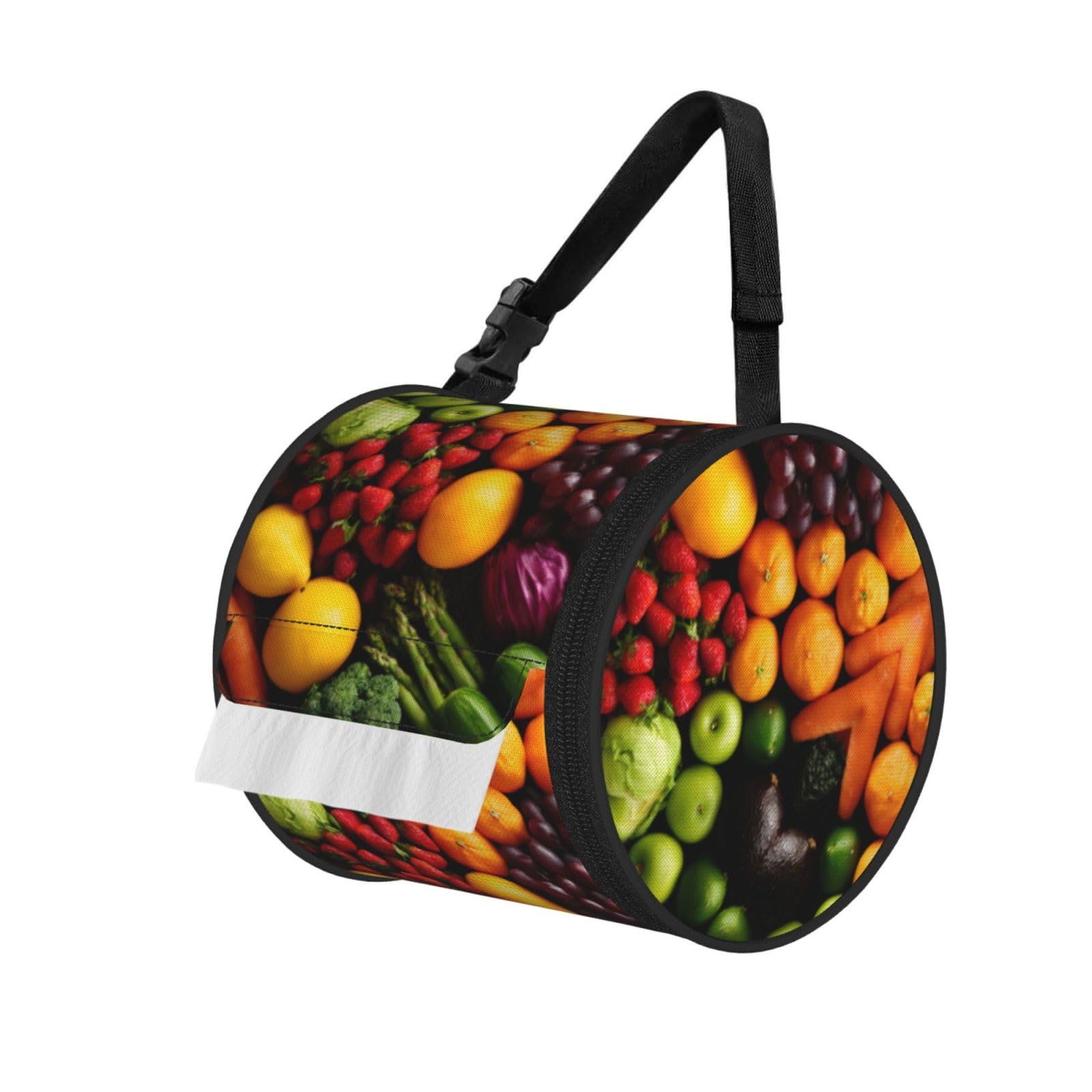 Fresh Fruits And Vegetables Printed Cylindrical Tissue Bag Portable Oxford Cloth, Foldable Travel Tissue Holder With Zipper And Adjustable Belt