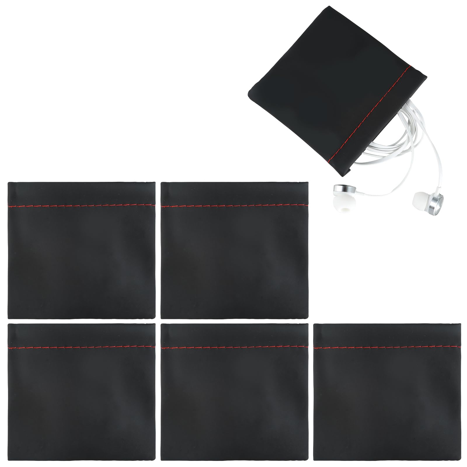 6Pcs PU Earphone Pouch Spring Closure Storage Bag Black Elastic Snap Spring Pouch Waterproof Earphone Storage Bag for Storing Headphones Coins Jewelry Lipstick Keys(9 * 8.2cm/3.5 * 3.2inch)