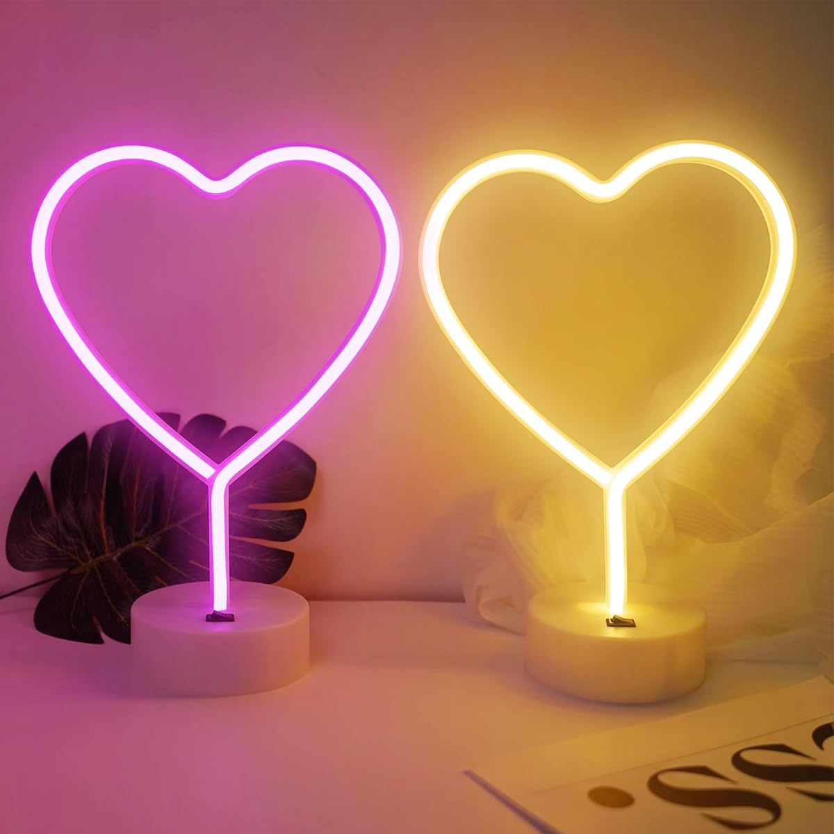 2 Pack Heart Neon Signs, Gifts for Mom Pink LED Light Signs and Warm White, Powered by Battery or USB Table Decoration Lamp for Children Bedroom Birthday Mother's Day Party Living Room Decor