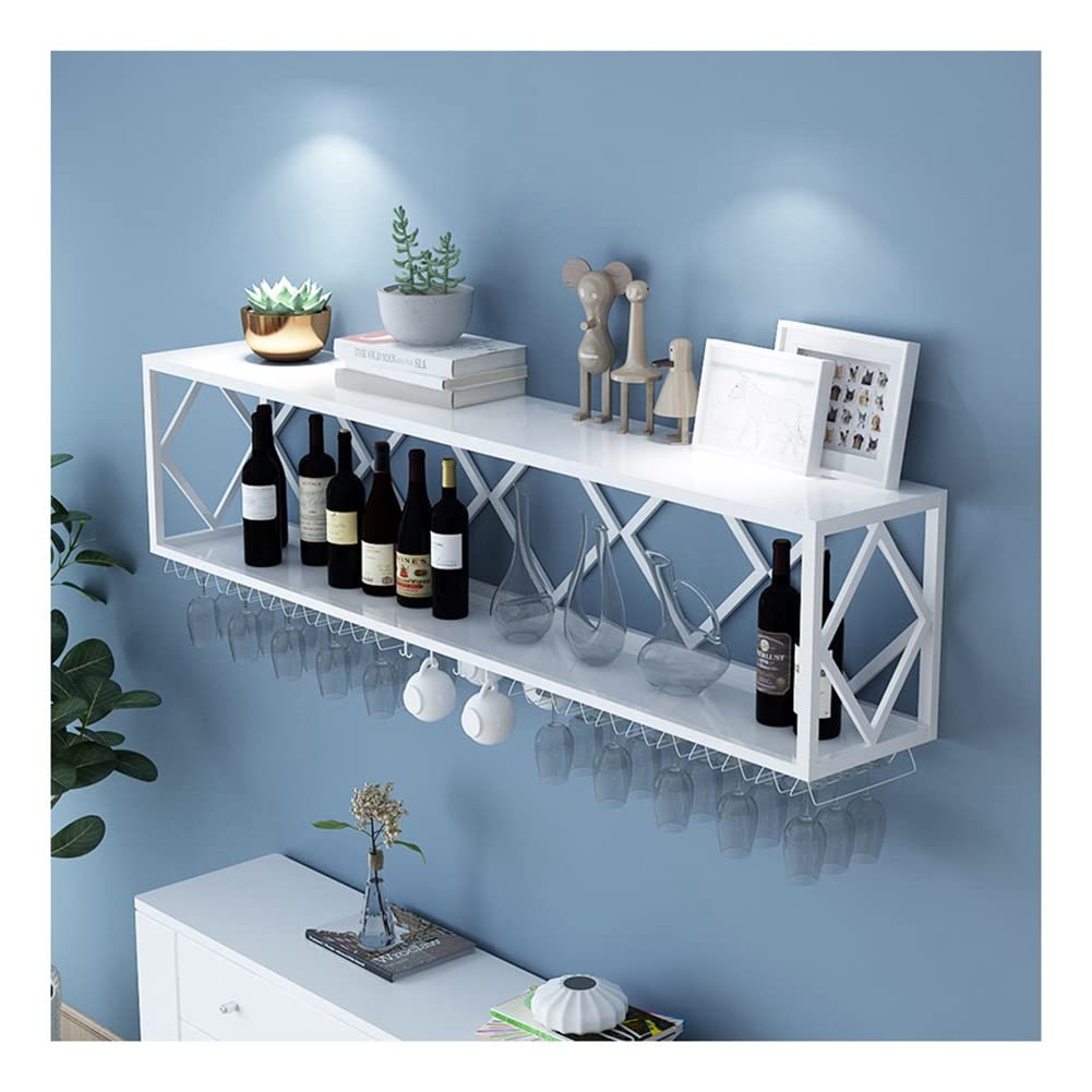 Estantería flotante para colgar en la pared, soporte para botellas de vino de hierro con estante invertido para colgar copas de vino