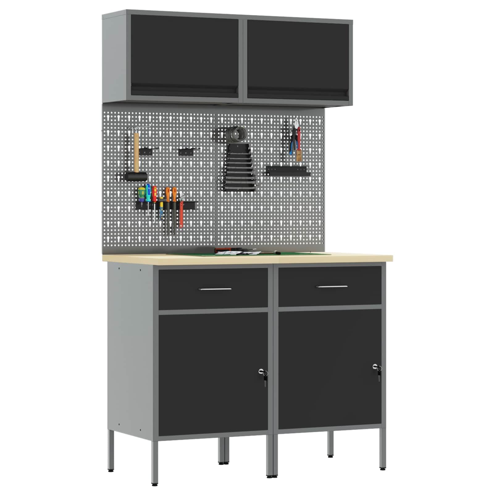 vidaXL Stół warsztatowy z szufladą 8 pcs Szary 100 x 55 x 200 cm Stal, Rozwiązania do przechowywania narzędzi, uchwyt na akcesoria, szafka z pojemnikami i półkami