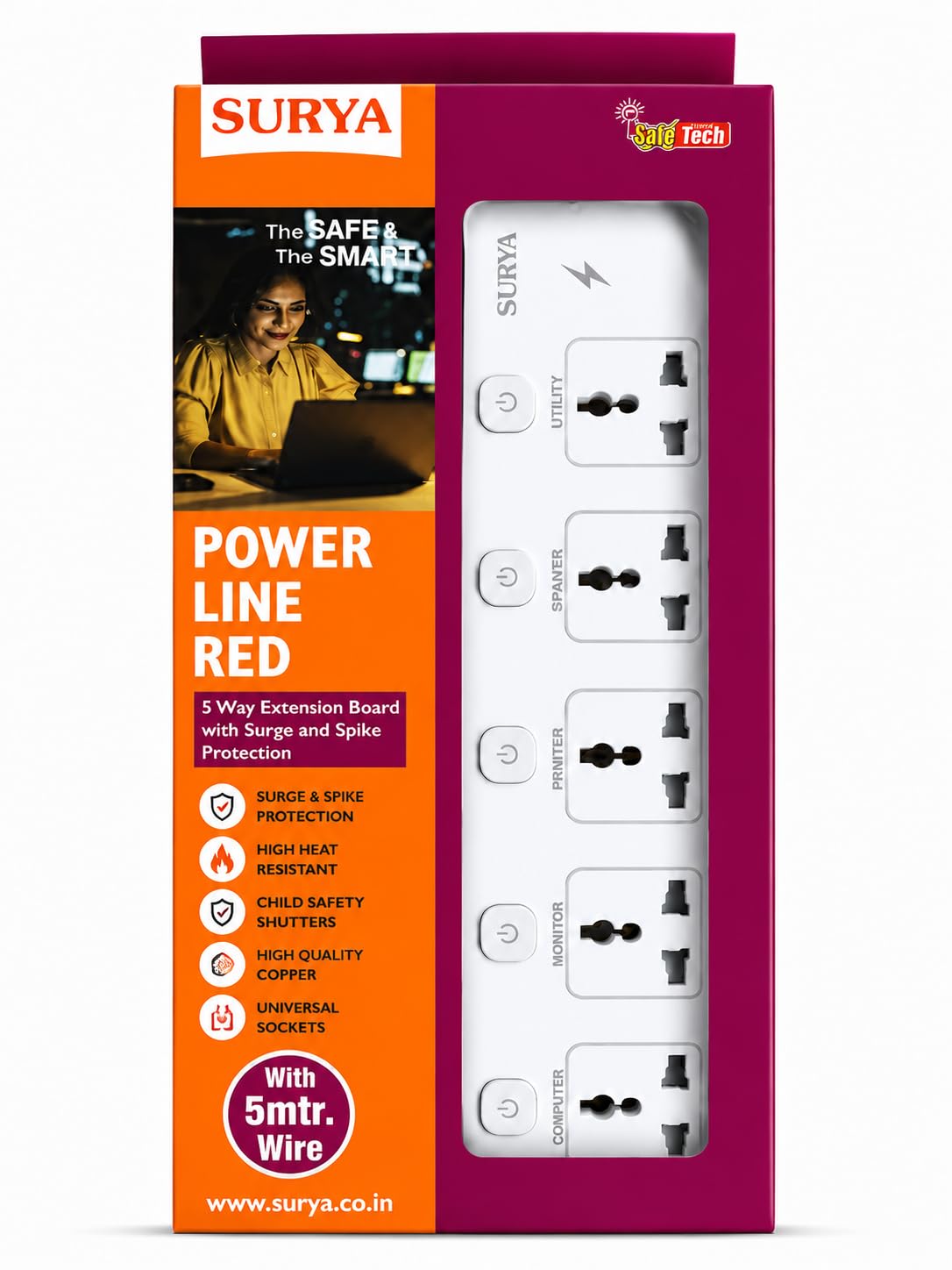 Surya Power Line Red 5 Way Extension Board with Surge and Spike Protection, 5 Metre Wire, 250V (5, Metres)-image-35