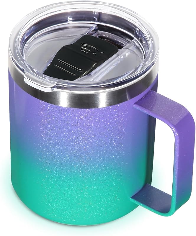 Volhoply Taza de café de acero inoxidable aislada de 14 oz con tapa a prueba de fugas, taza de café de viaje al vacío de doble pared con asa, vaso de tazas reutilizables, tazas de camping para mantener caliente, regalo ideal (verde púrpura, 1)