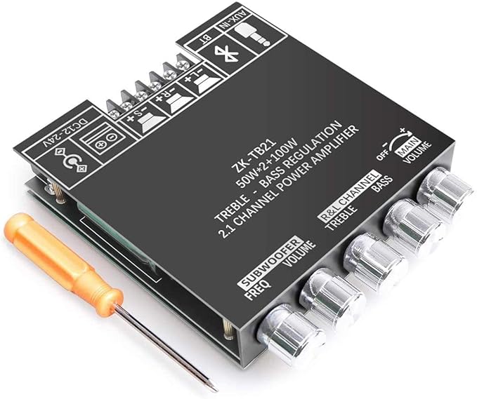 2x50W +100W 2.1 Channel Subwoofer Amplifier Board with Treble and Bass Control Dual TPA3116 Chip DC 12-24V Bluetooth and AUX Inputs DIY Wireless Speakers AMP Board