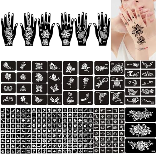 SSKHE Juego de plantillas de henna, 3 plantillas de mano + 12 hojas de diseño, plantillas de tatuaje para niños y adultos, tatuaje de henna negro, adecuado para fiestas, Halloween y carnaval
