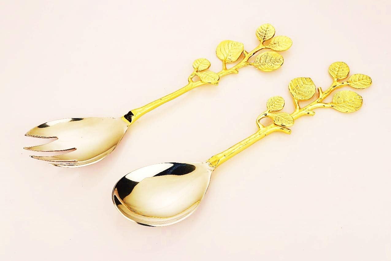 Stylish Designer Decorative Stainless Steel Large Gold Twigs Salad Serving Spoon & Fork Set - By Marigold Stores™