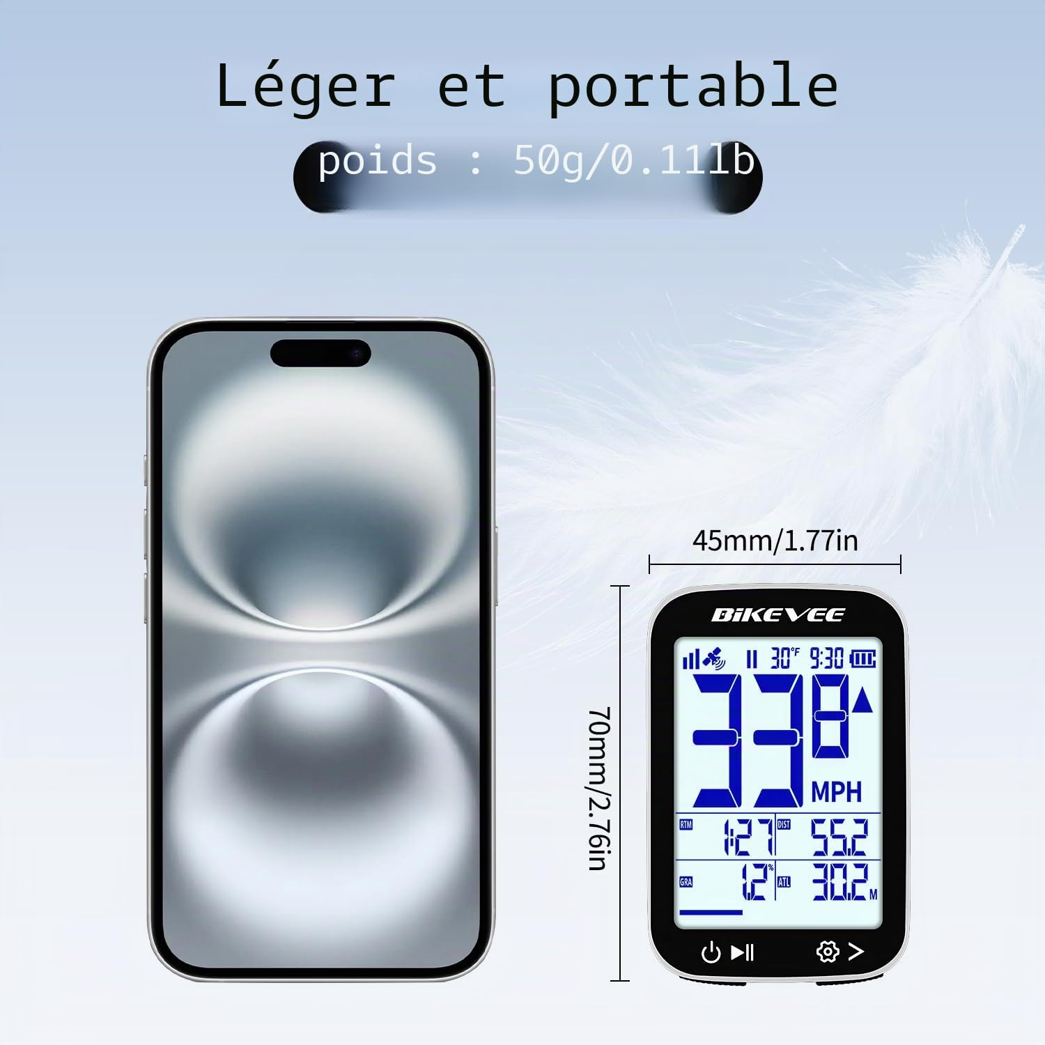 Compteur Vélo GPS sans Fil Étanche IPX7 Écran FSTN 2,4 Pouces Compteur VTT avec Vitesse Distance Altitude Température Pente Autonomie 28H