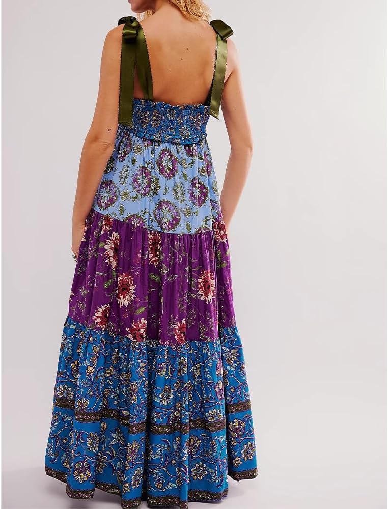 Women Floral Maxi Dress Tie Shoulder Patchwork Smocked Flowy Boho Dress with Pockets Summer Vacation Sundress - Image 2