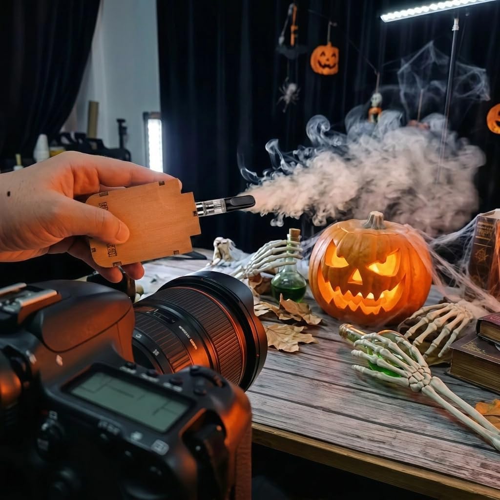 Portable Mini Fog Machine Handheld Smoke Maker with Remote Control Wireless Wooden Fogger Kit for Photography Video Cosplay Props Food Styling Includes Carrying Case and Fluid (Round-Bottom Style) image 3