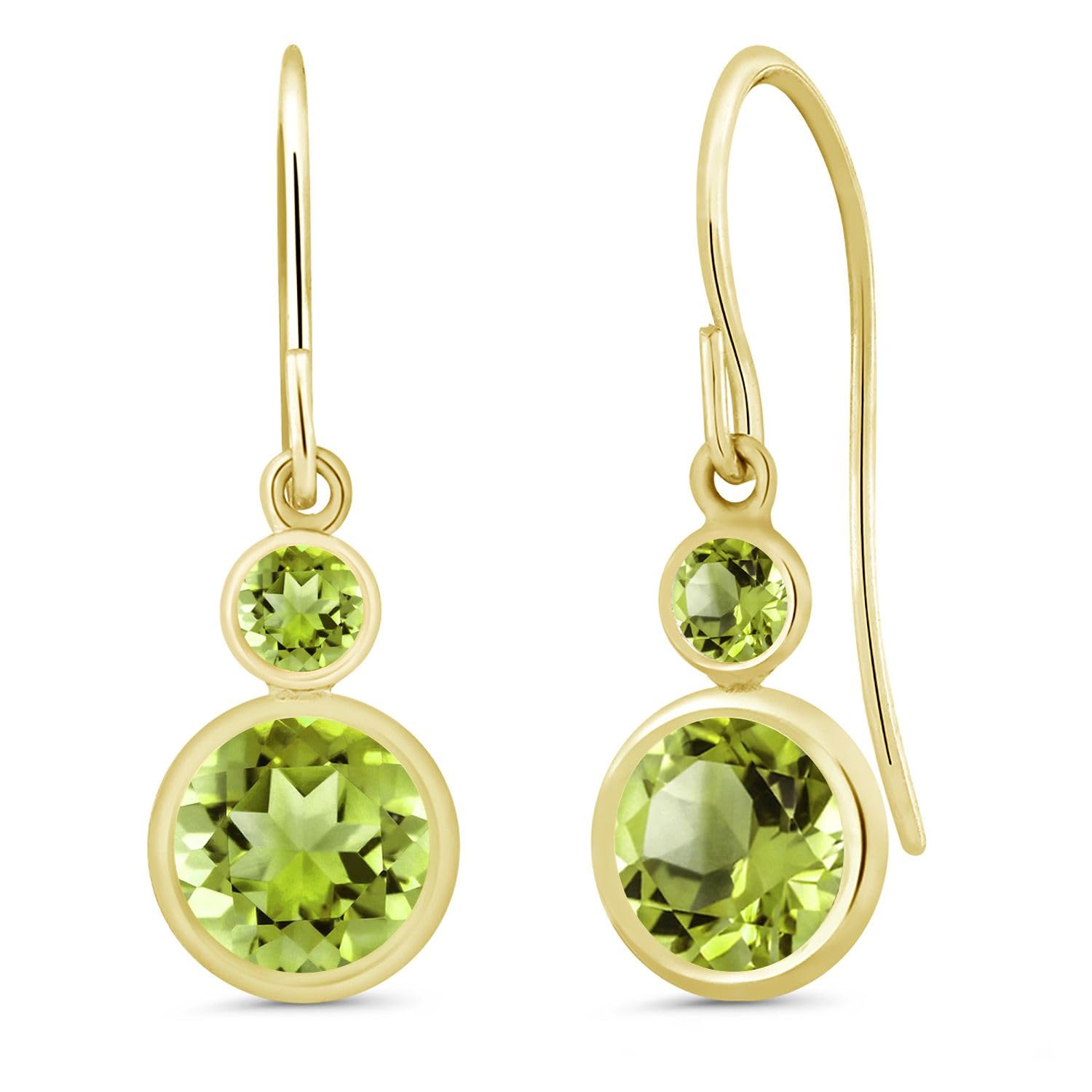 Gem Stone King 14K Yellow Gold Green Peridot French Wire Drop Dangle Earrings For Women | 2.04 Cttw | Gemstone August Birthstone | Round 6MM and 3MM