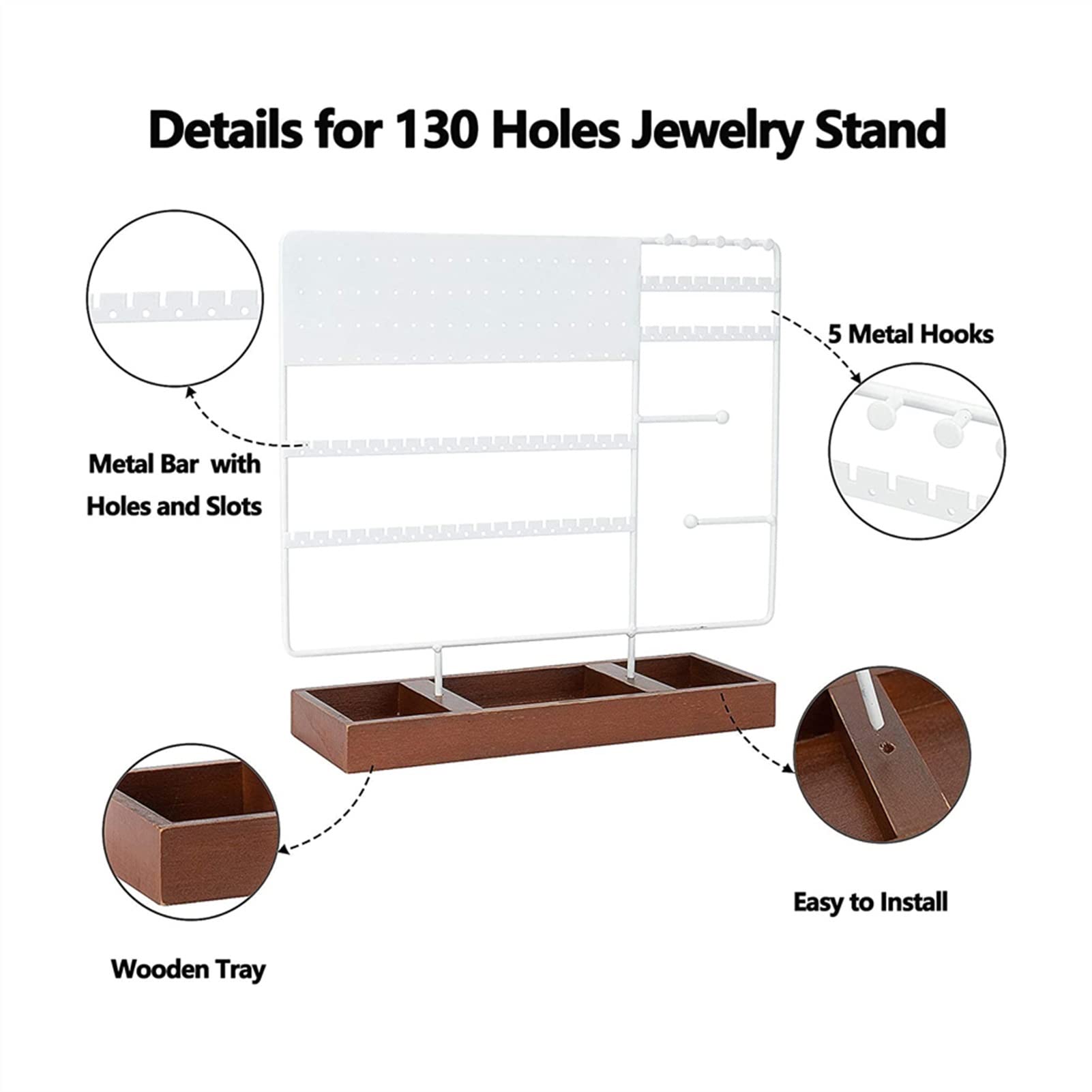 Expositor de Joyas para Pendientes, 130 Agujeros, con Bandeja de Madera para Pendientes, Pulseras y Collares (Color Blanco)