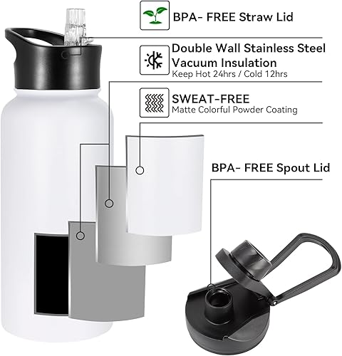 Miniatura 4 de Paquete de 4 botellas de agua aisladas de 32 onzas, botellas de agua deportivas de acero inoxidable con tapa con popote y tapas de boca ancha, vacío
