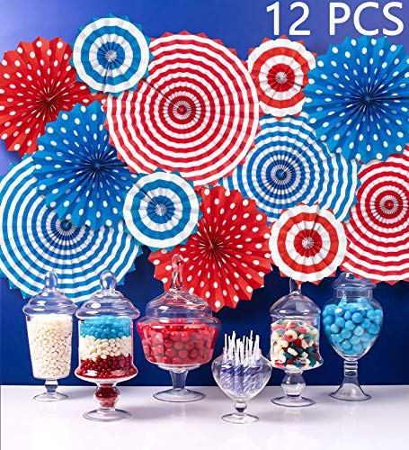 Moon Boat Fourth of July Patriotic Decorations - Red White Blue Hanging Paper Fans - 4th of July Party Favor (12 PCS)
