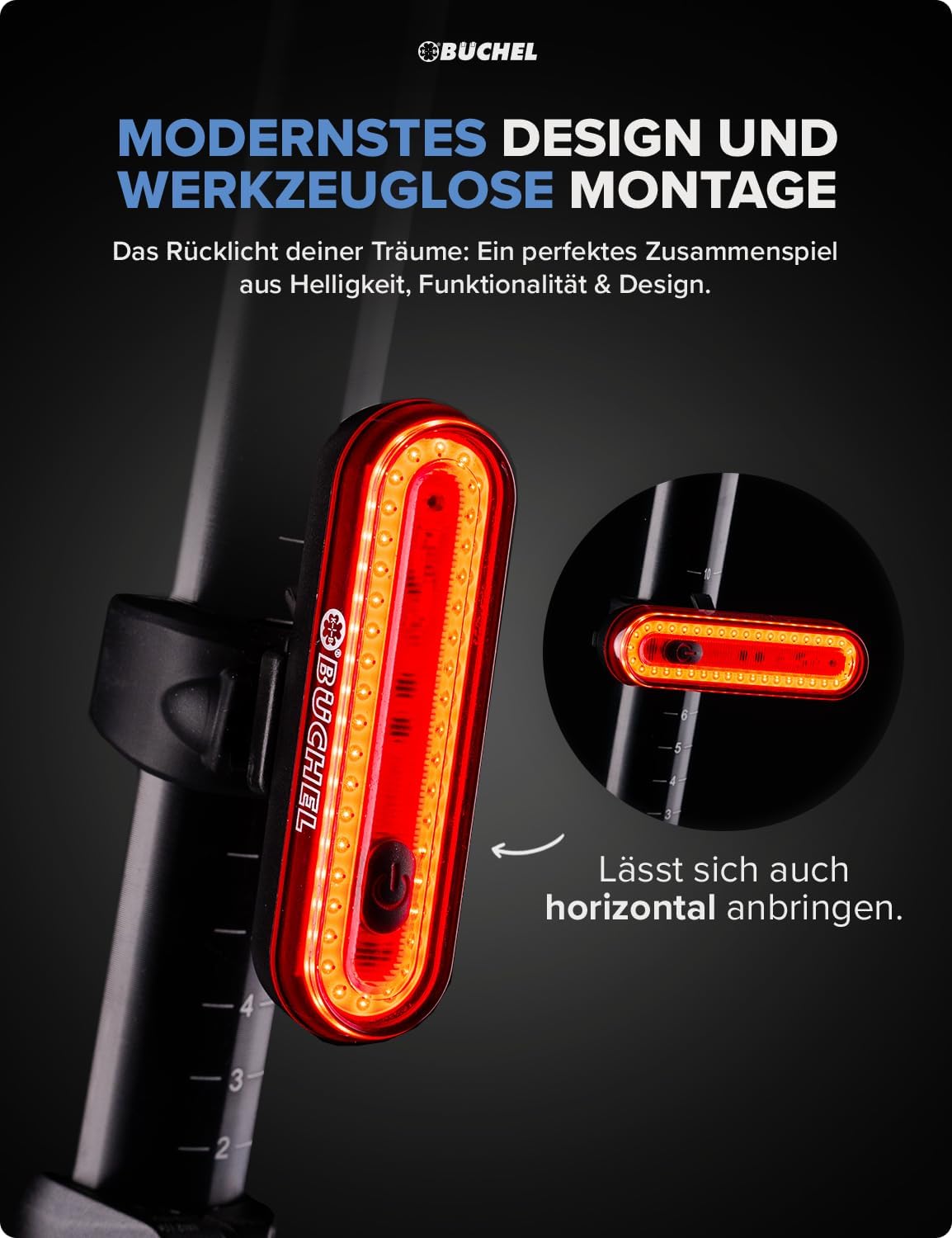Büchel Fahrrad Rücklicht LED I Aufladbar I StVZO zugelassen I Rücklicht Fahrrad, Rücklicht Ebike, Fahrradlicht hinten, Fahrrad rücklicht led