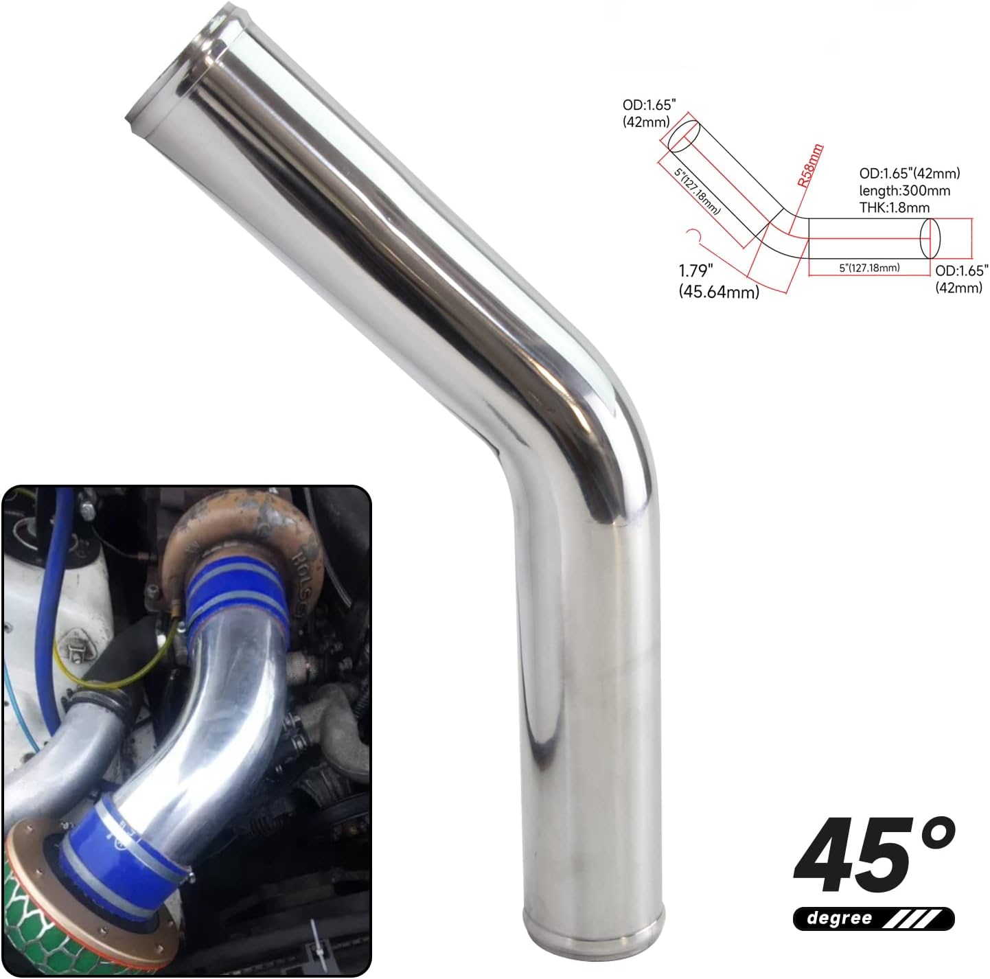 Universal 1.65" 45 Degree Aluminum Turbo Intercooler Pipe