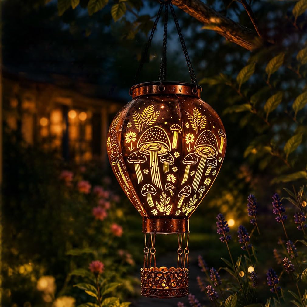 Solar-Powered Hot Air Balloon Lantern,Hummingbird/Mushroom Solar Lights,Solar Lanterns Light,Vintage Hanging Solar Lights Outdoor Garden Lantern Waterproof Metal Lamp Garden Ornaments for Patio (A)