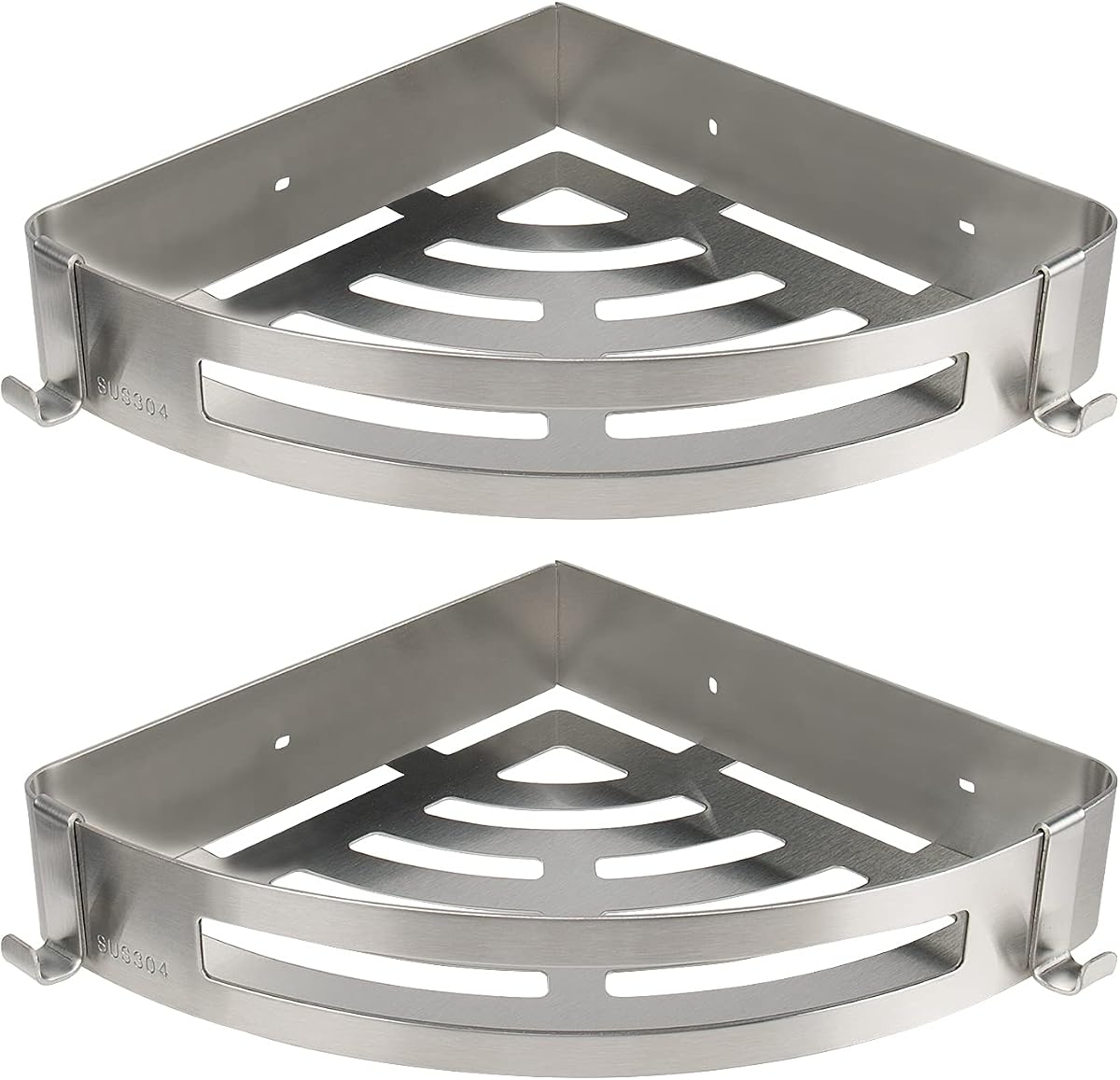 NearMoon Bathroom Shower Caddy 2 Pack, 304 Stainless Steel Shower Organizer with 2 Hooks, No Drill (Corner Shelf, Brushed Nickel)