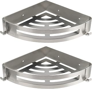 NearMoon Shower Caddy 2 Pack - No Drill 304 Stainless Steel Corner Shelf Organizer with Hooks, Rustproof Brushed Nickel