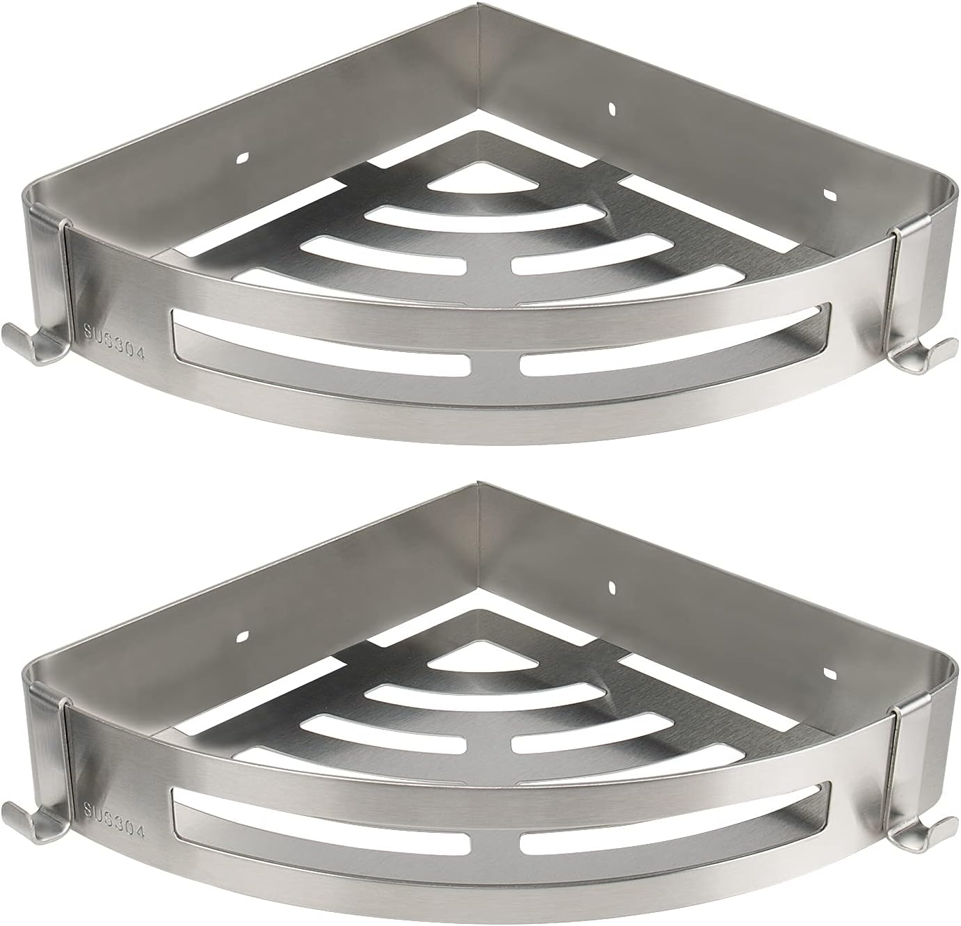 Bathroom Shower Caddy 2 Pack, No Drill 304 Stainless Steel Shower Organizer with 2 Hooks (Corner Shelf, Brushed Nickel)