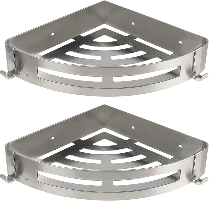NearMoon Bathroom Shower Caddy 2 Pack, 304 Stainless Steel Shower Organizer with 2 Hooks, No Drill (Corner Shelf, Brushed Nickel)