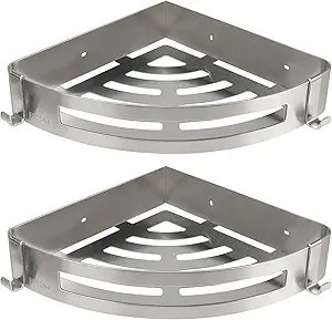 NearMoon Bathroom Shower Caddy 2 Pack, 304 Stainless Steel Shower Organizer with 2 Hooks, No Drill (Corner Shelf, Brushed Nickel)