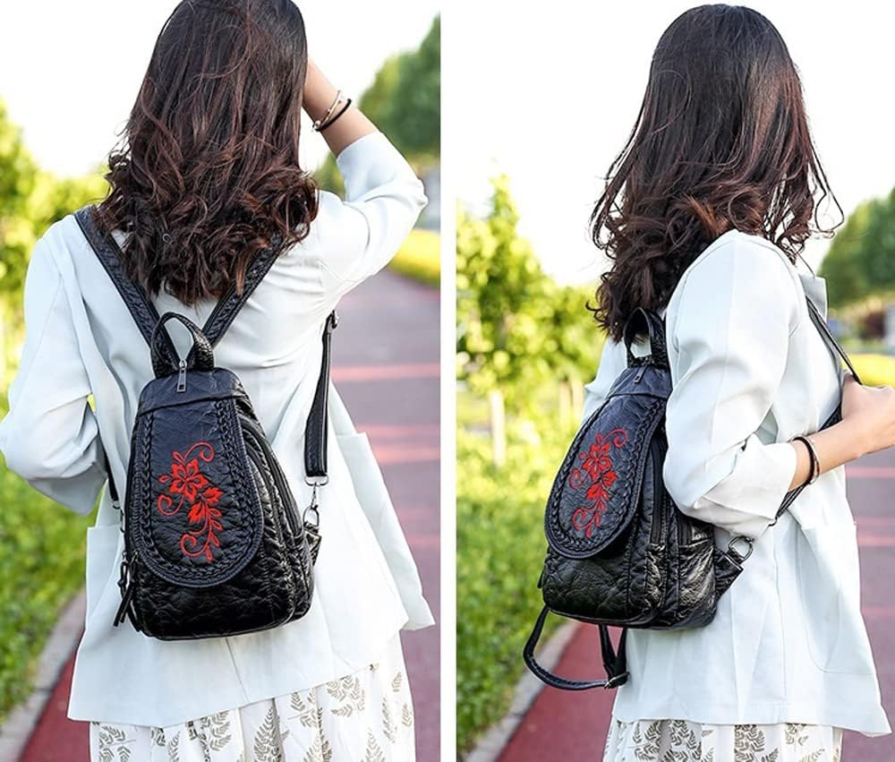 Vintage Embroidered Women Backpacks Soft PU Leather Backpack Purse Small Female Travel Bag High Capacity Black Chest Packs (Red Flower) - Image 2