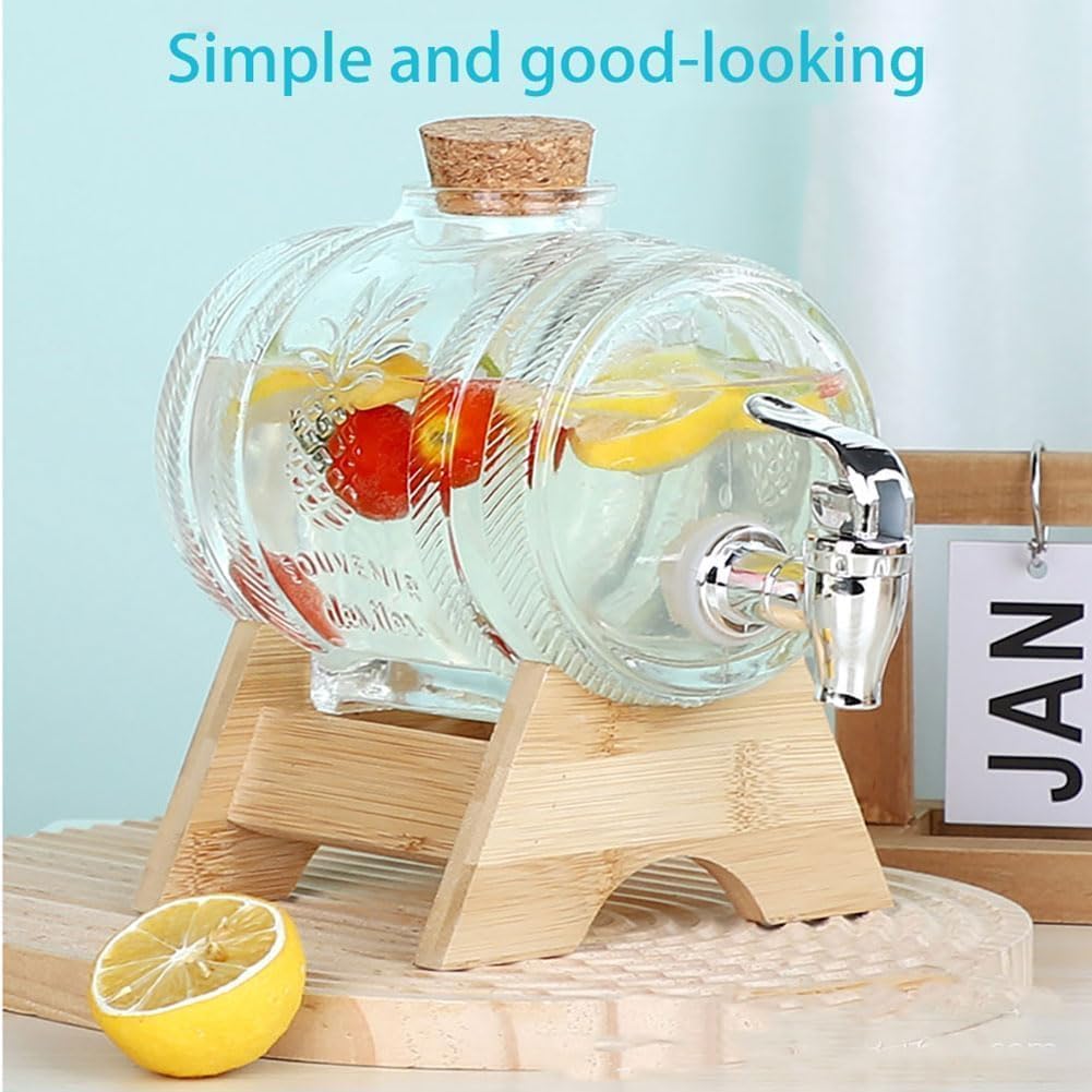 Dispensador de bebidas de vidrio, dispensadores de bebidas heladas de 1L/3L/5L con espiga y soporte de madera, dispensador de bebidas frías para barbacoa, picnic, fiesta en la piscina, bebida de